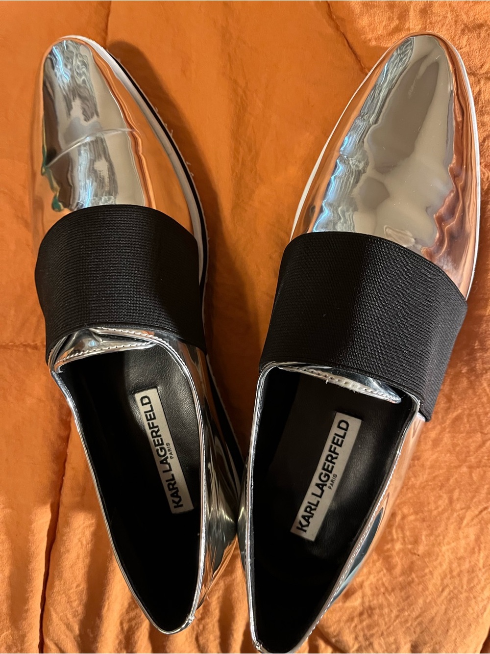 KARL LAGERFELD Paris Silver Metallic Black Slip-On Sneakers Sz 8.5